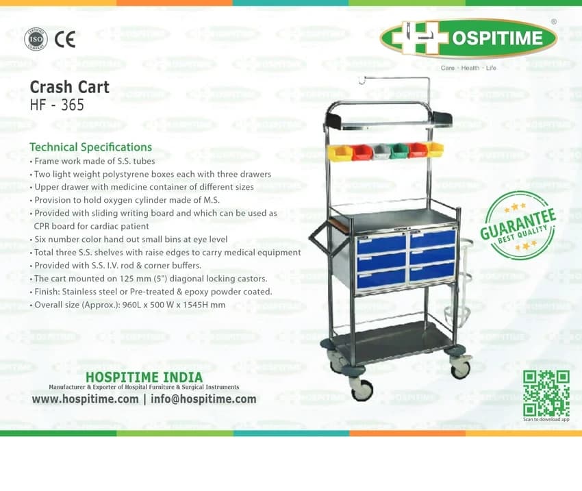 Stainless Steel Hospitime Crash Cart Trolley, Polished