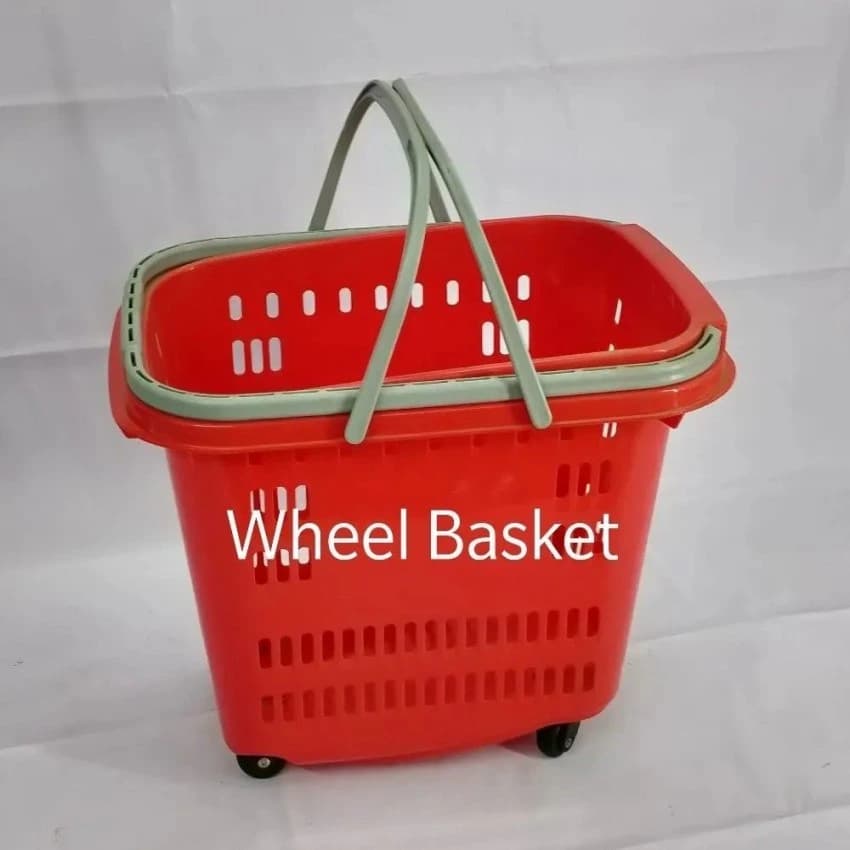 Nirja Creation Red and Blue Four Wheel Plastic Shopping Basket, for Supermarket, Load Capacity: 50 Ltrs