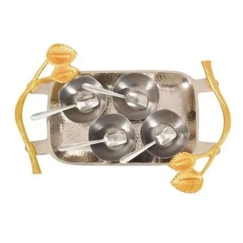 Stainless Steel Hammered Tray with Ice Cream Bowls 4 Pcs Set Tableware for Serving Ice Cream 150 ML