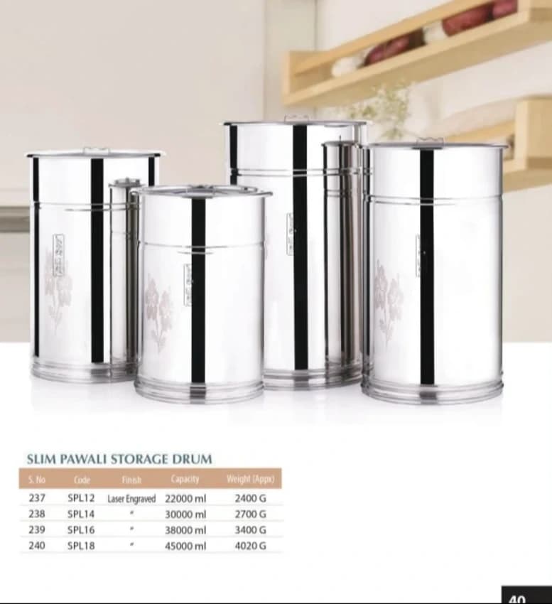 Stainless Steel Capacity: 10 L Slim Pawali Storage Drum Laser Engraved