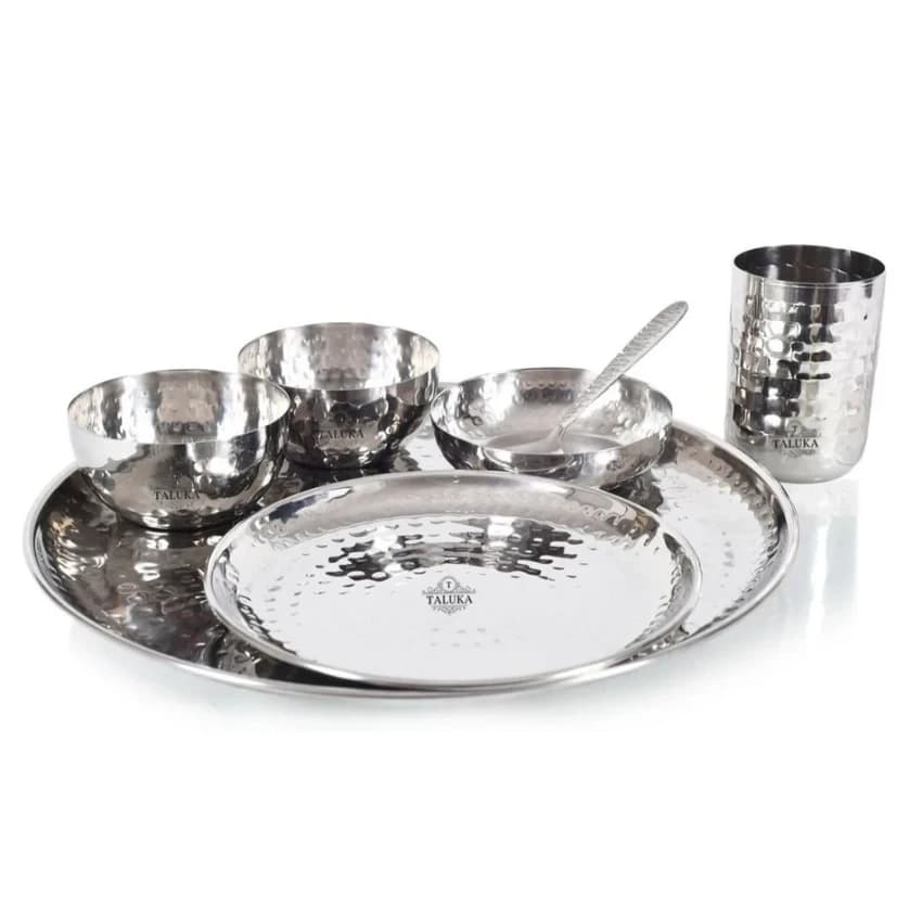 Taluka Round Stainless Steel Hammered Dinner Thali Set 7 PCS ( Dinner Set )