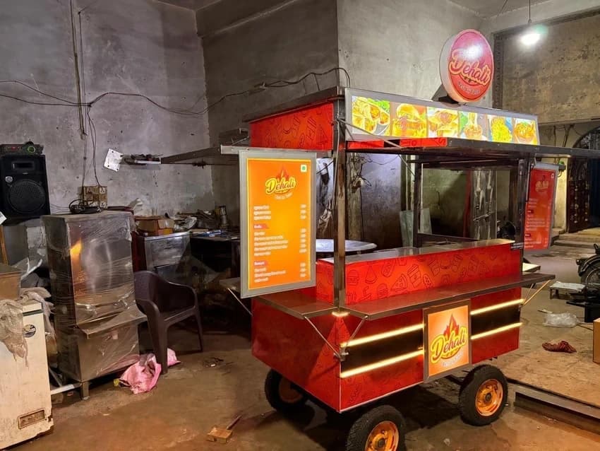 Stainless Steel Food Cart For Street Food With Lighting Branding And Logo