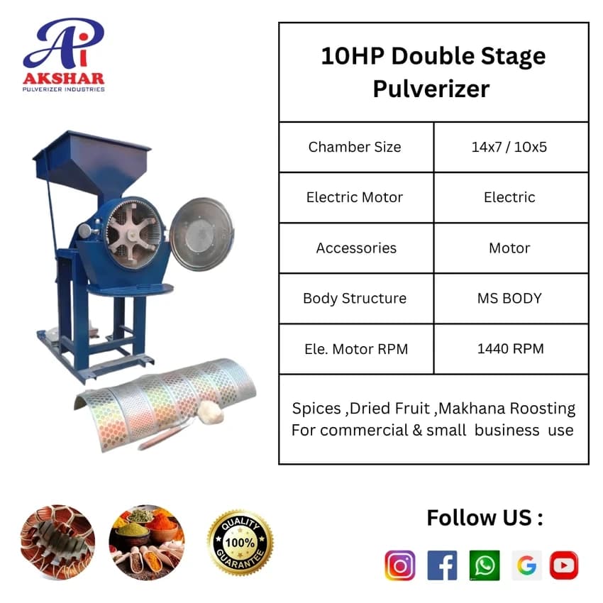 Commercial Flour Mill double stage pulverizer Cap 100Kg/Hr, 10 HP, 14 inch