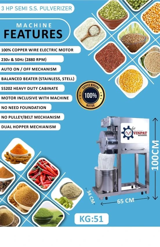 3hp Stainless Steel Pulverizer, Capacity: Up To 100 kg/batch