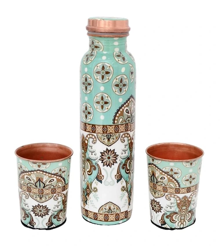 1 Litre Copper Water Bottle with Two Glasses