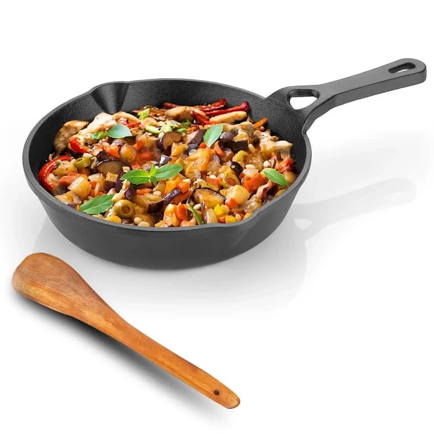Lifelong Cast Iron Fry Pan 8 Inch (200mm) with Wooden Spatula 2Ltr, 1.75kg Pan Non-Stick