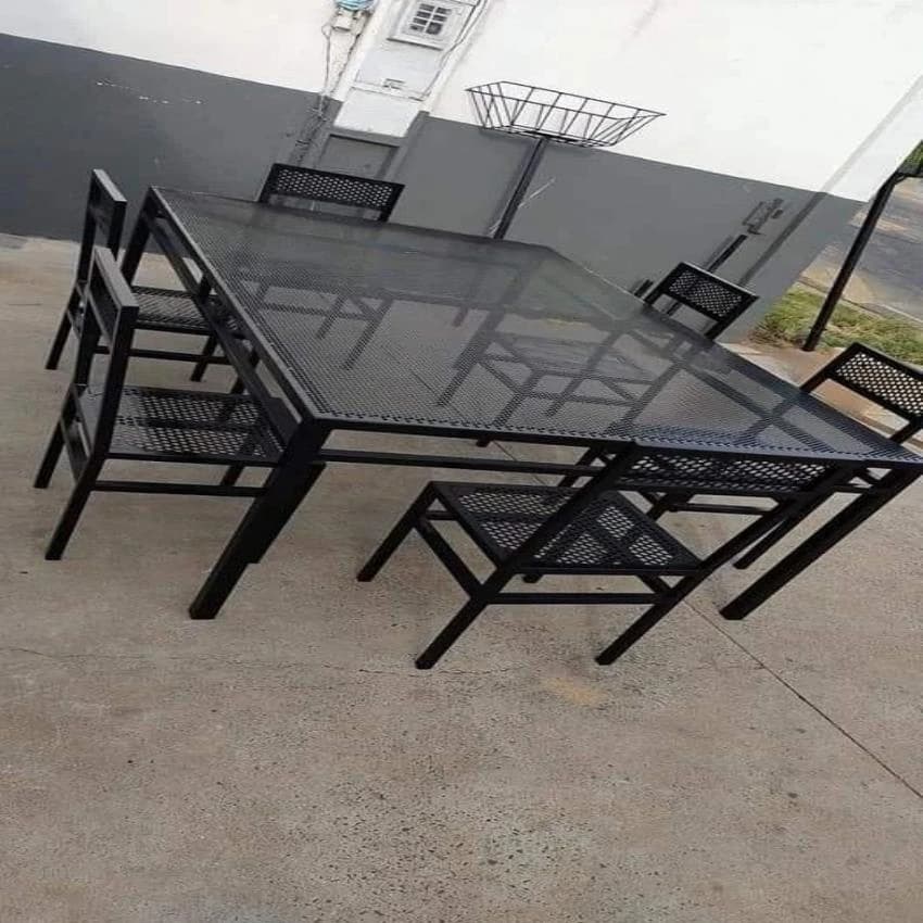 Square Metal Iron Dining Table Set, 6 Seater