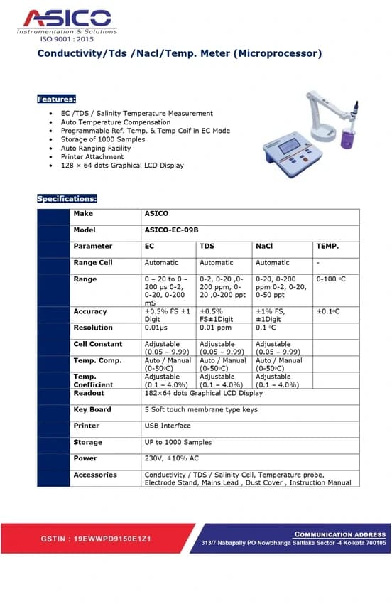 10000 ppm Conductivity/Tds /Nacl/Temp. Meter (Microprocessor)