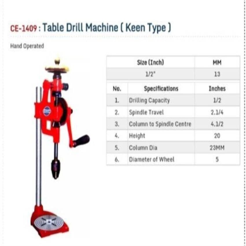 Keen Type Manual Drilling Machine, Spindle Travel: 56mm, Drilling Capacity (Steel): 13mm