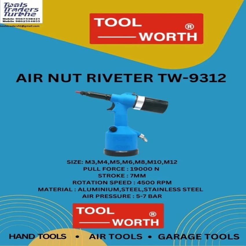 TOOLWORTH High Speed Steel AIR NUT RIVETER TW-9312, 7 Inch