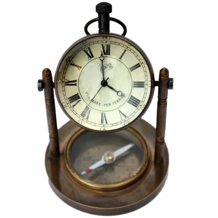 Black Metal Brass Table Clock with Compass, Size/Diameter: 1 inch, Packaging Type: Box