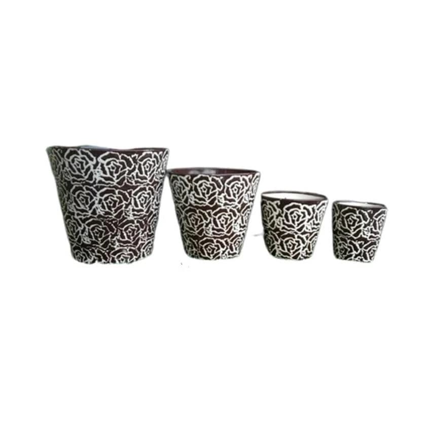 Brown Printed Floral Print Ceramic Pot Set