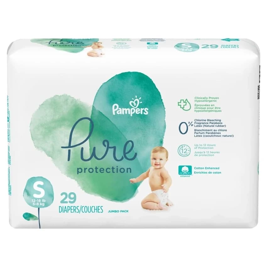 Pampers Pure Protection Baby Diapers, Small Size Taped Diapers, (S) Size 2, 29 Count