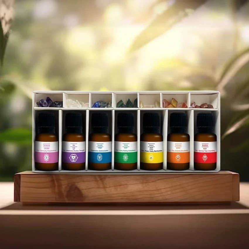 AuraDecor 7 Chakra Essential Oil Set of 7 with Crystal Stones, Packaging Size: 10Ml