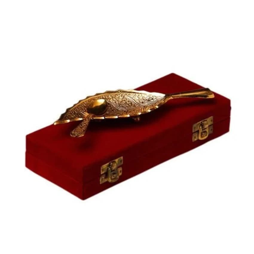 Brass Golden Leaf Shaped Tray With Spoon