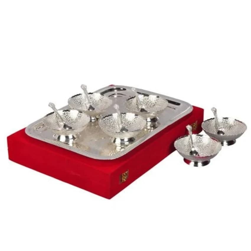 Silver Plated Brass Bowls With Tray And Spoon, Set Contain: 4 Pieces