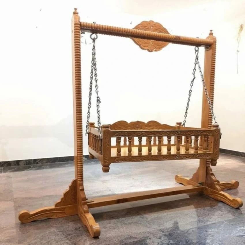 Antique Wooden Baby Swing Cradle, Hand Carving