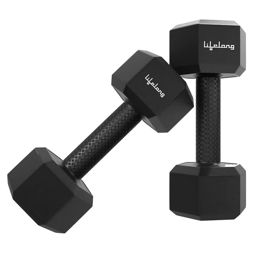 Lifelong PVC Hex Fixed Dumbbells Pack of 2 (1kg&2) Black Color for Home Gym Equipment Fitness