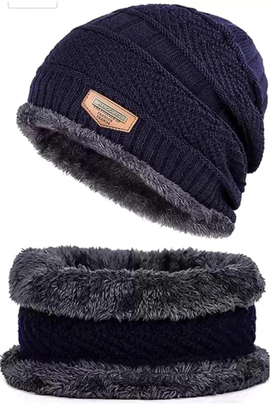 Multicolor Knitted Wool Beanie with Scarf Set for Men & Women (Fur Lined)