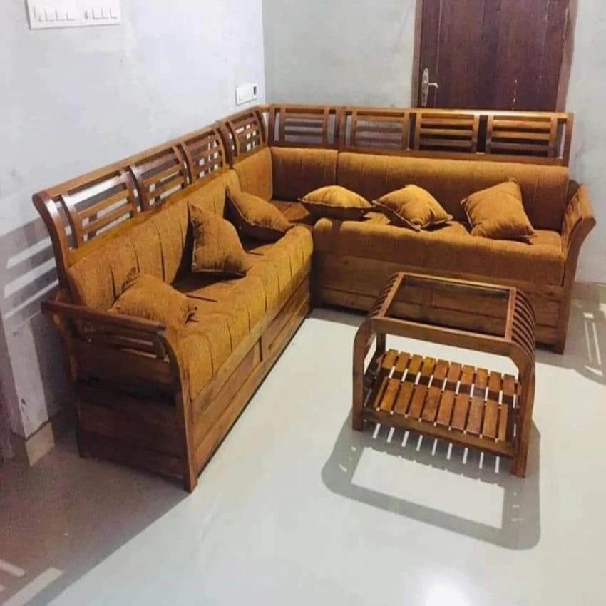 Brown Wood Sofa Set. ., Leather