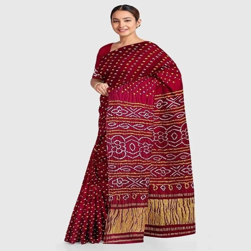 Maroon Printed Pure Gaji Silk Bandhani Saree, 6 m (with blouse piece)